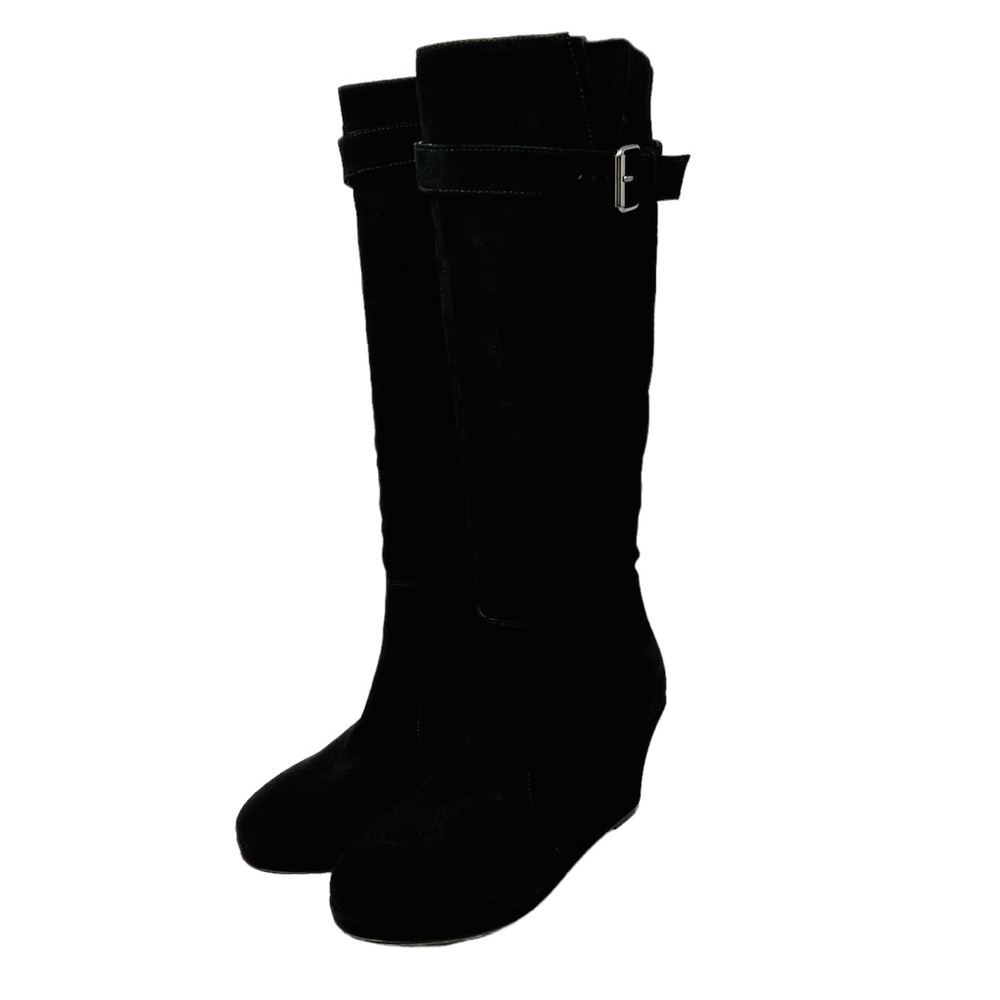 BODEN Black Suede Wedge Heel Tall Boots Sz 39 US 8 Zip Buckle Leather Luxury